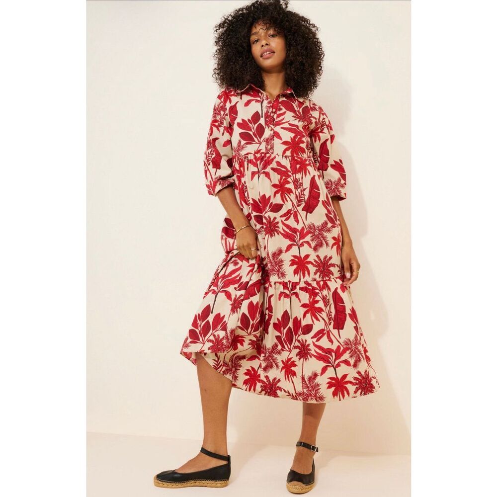 Maeve Medium Bettina Tiered Shirt Dress Red Tropical Floral Midi Boho Resort - Picture 2 of 11